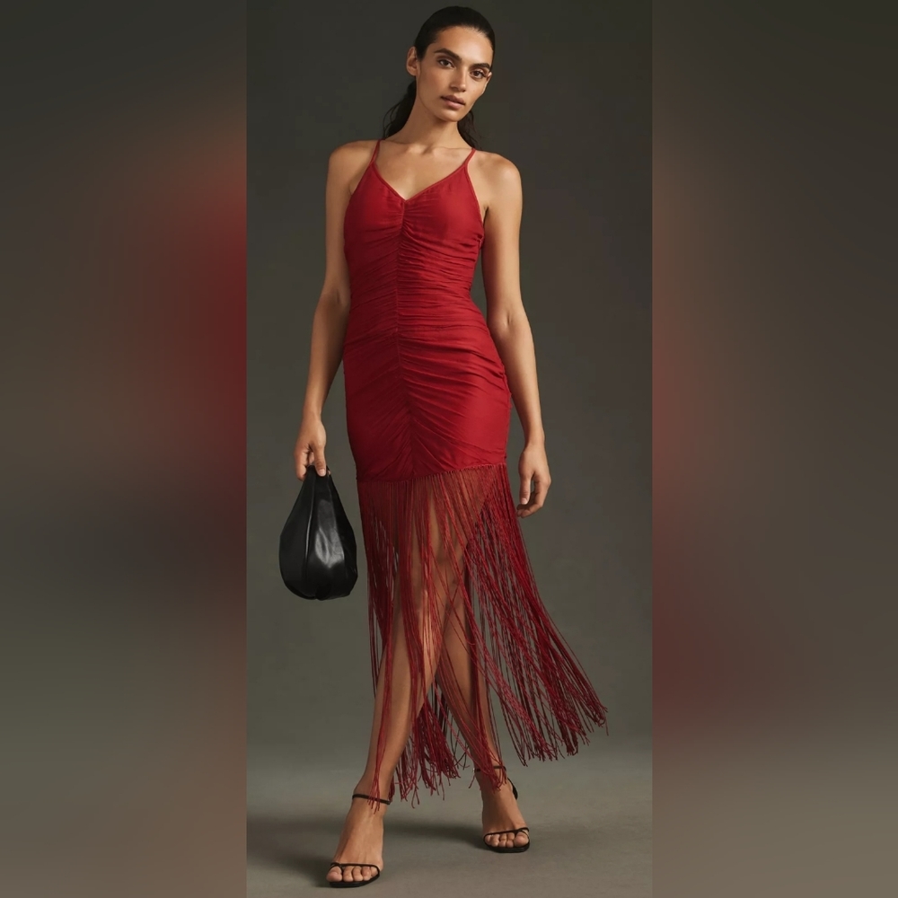 Anthropologie Vineet Bahl Sleeveless V-Neck Fringe Maxi Dress in Red